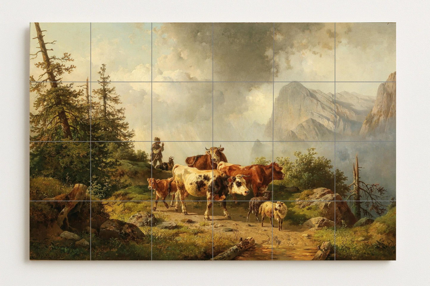 The mountain shepherd's journey: Rustic alpine mural with cattle, pine trees and peaks / Rural landscape art on ceramic tiles