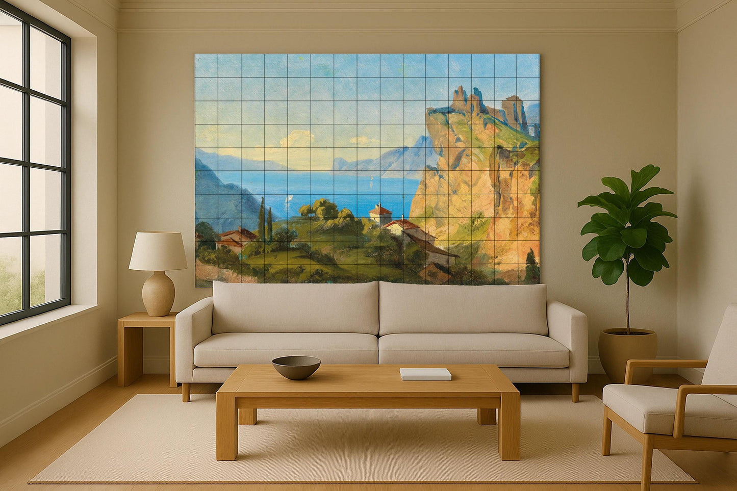 Garda Lake tile mural • Wall art with Italian landscape • Panel with romantic lake view • Ceramic decoration with houses and sailboats on cliffs