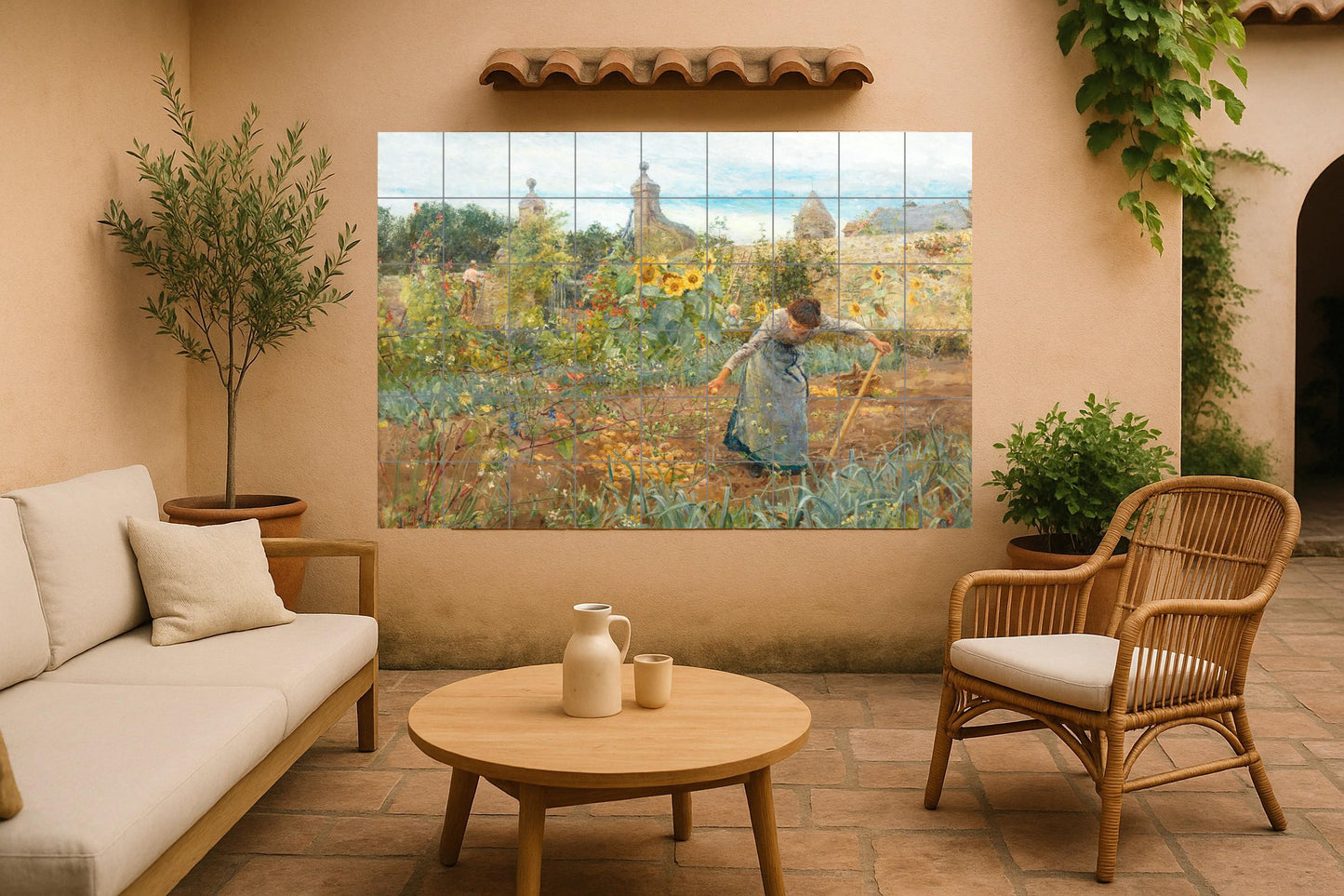 Farm Life Mural • Seasonal Work Themed Tile Wall Art • Garden Harvest Themed Ceramic Panel • Countryside Rhythm Decor • Woman in the Field Artwork