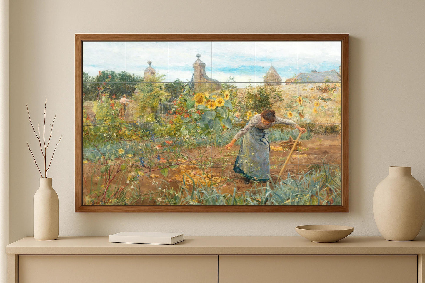 Farm Life Mural • Seasonal Work Themed Tile Wall Art • Garden Harvest Themed Ceramic Panel • Countryside Rhythm Decor • Woman in the Field Artwork