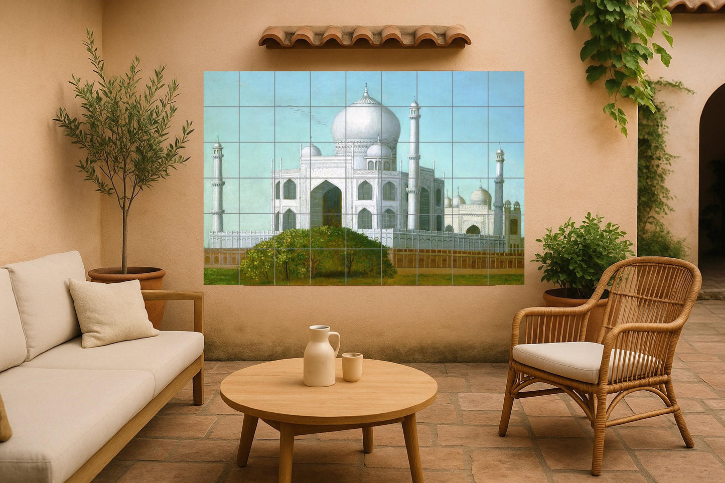 Taj Mahal mural • Indian palace tile mural art • Mughal architectural decoration • White marble dome panel • Monumental pottery from Agra • Indo-Islamic