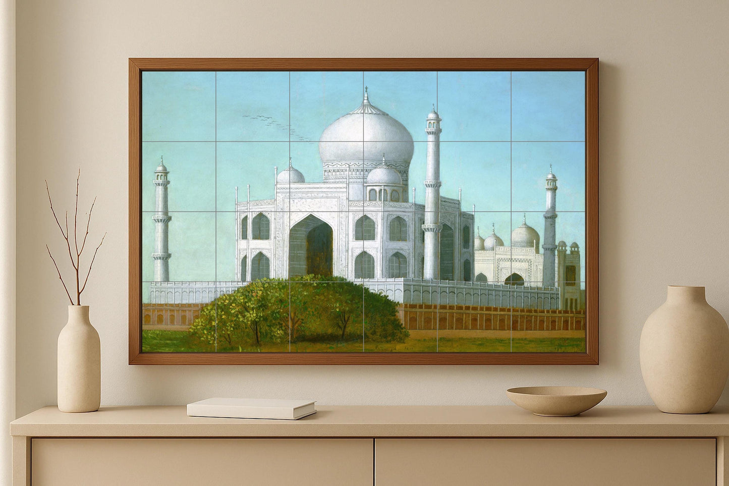 Taj Mahal mural • Indian palace tile mural art • Mughal architectural decoration • White marble dome panel • Monumental pottery from Agra • Indo-Islamic