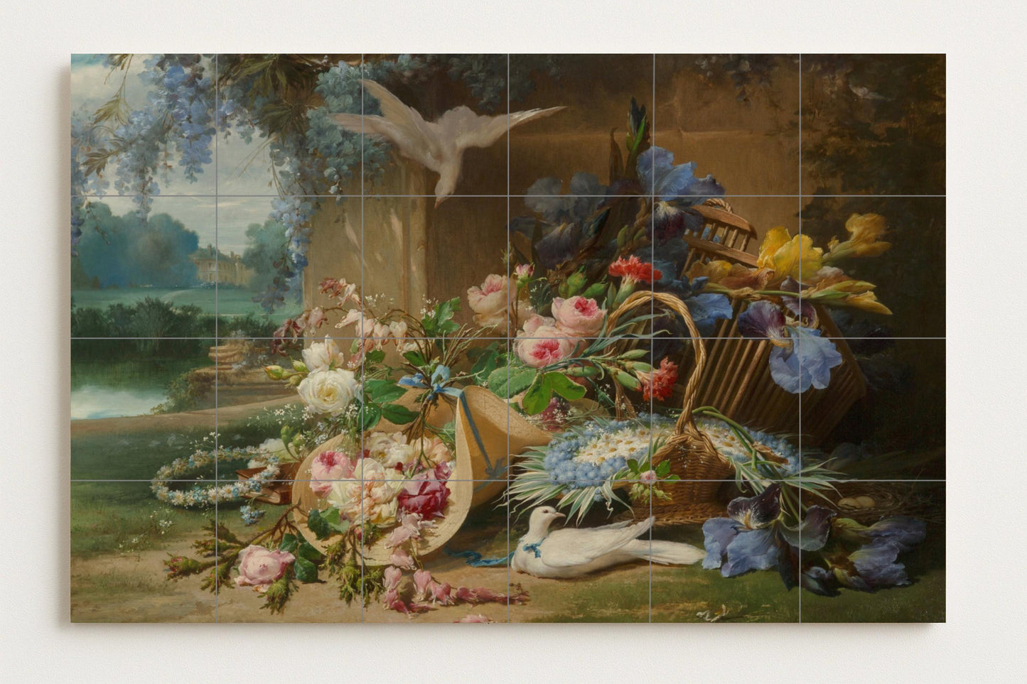 Still Life Flower Mural • European Basket Tile Wall Art • Baroque Floral Ceramic Panel • Realistic Garden Decoration • Museum Blooming Scene