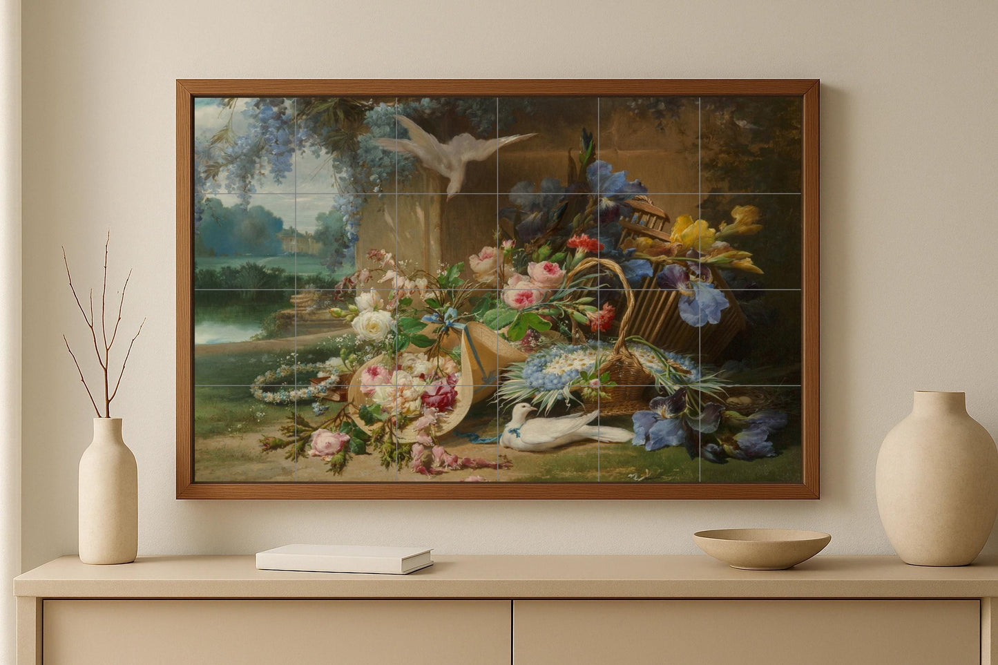 Still Life Flower Mural • European Basket Tile Wall Art • Baroque Floral Ceramic Panel • Realistic Garden Decoration • Museum Blooming Scene