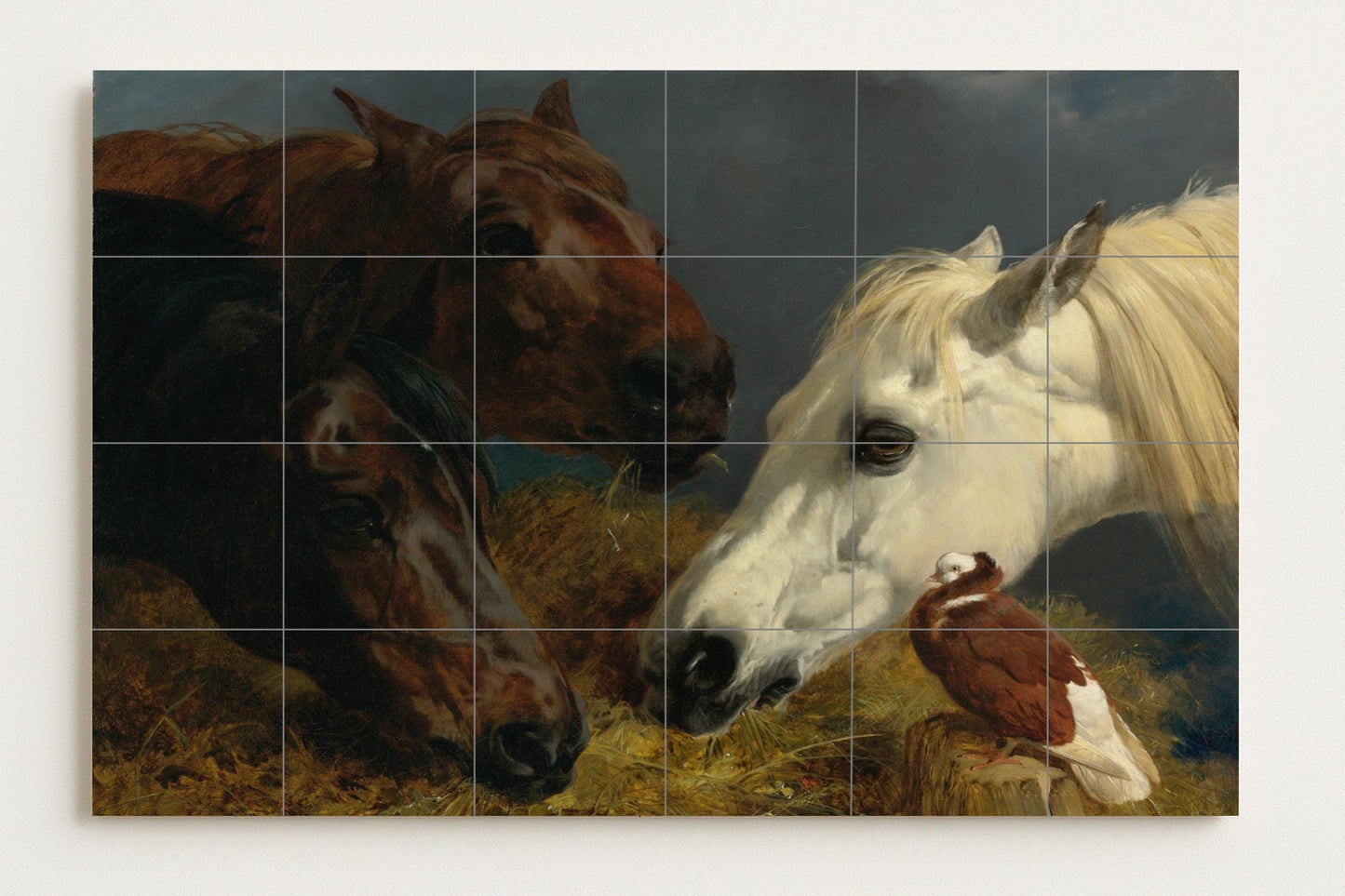 Equine art mural • Classical horse tile mural art • Flemish decoration with animal portraits • Museum-quality realistic panel • European gallery ceramic scene