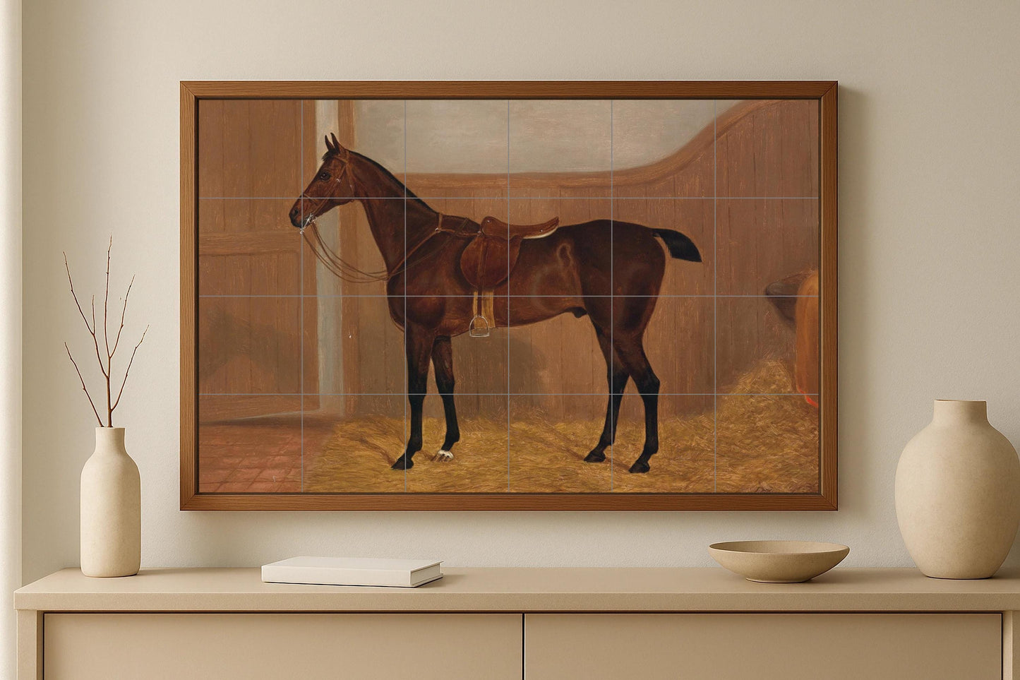 Equestrian Horse Mural • Saddled Horse Tile Wall Art • Elegant Riding Decor • English Stable Ceramic Panel • Classic Tack Room • Noble Horse