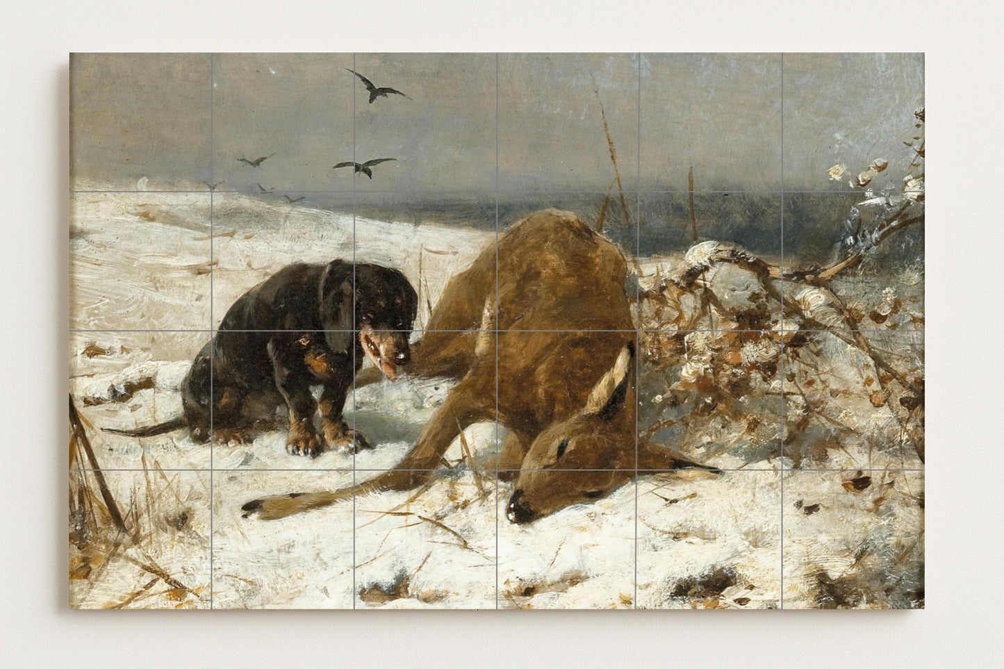Winter Hunting Mural • Wall Art with Dog Tiles in a Snowy Field • Alpine Hunting Scene • Frozen Wild Ceramic Panel • Northern Tracking Decor • Instinct