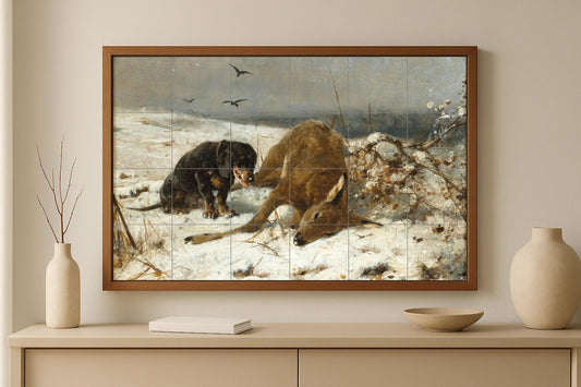 Winter Hunting Mural • Wall Art with Dog Tiles in a Snowy Field • Alpine Hunting Scene • Frozen Wild Ceramic Panel • Northern Tracking Decor • Instinct