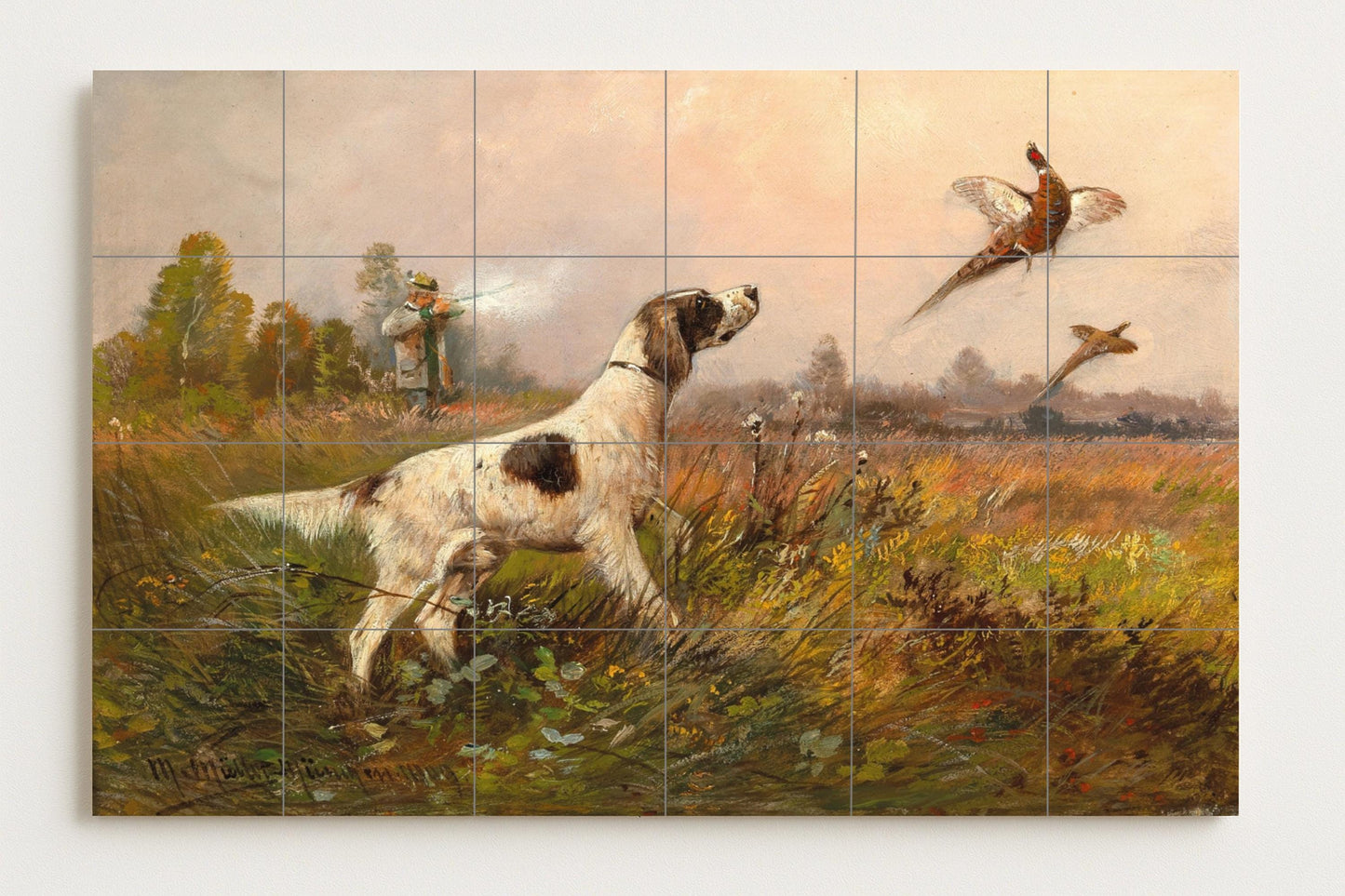 Pheasant hunting mural • Continental dog tile mural art • European hunting decor • Ceramic panel with forest border • Highland bird tradition • Classical field