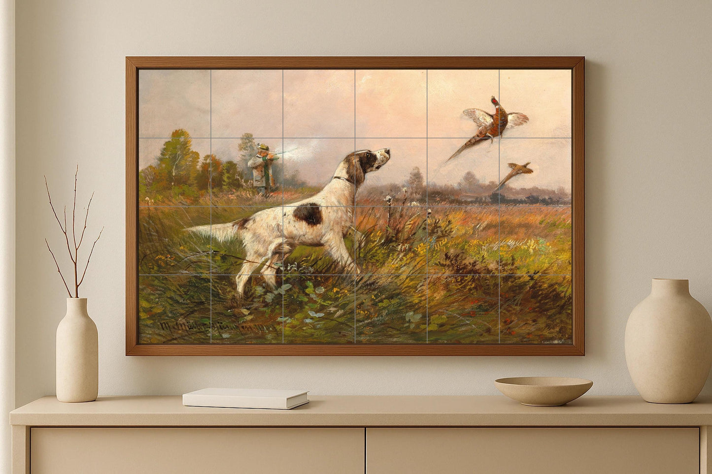 Pheasant hunting mural • Continental dog tile mural art • European hunting decor • Ceramic panel with forest border • Highland bird tradition • Classical field