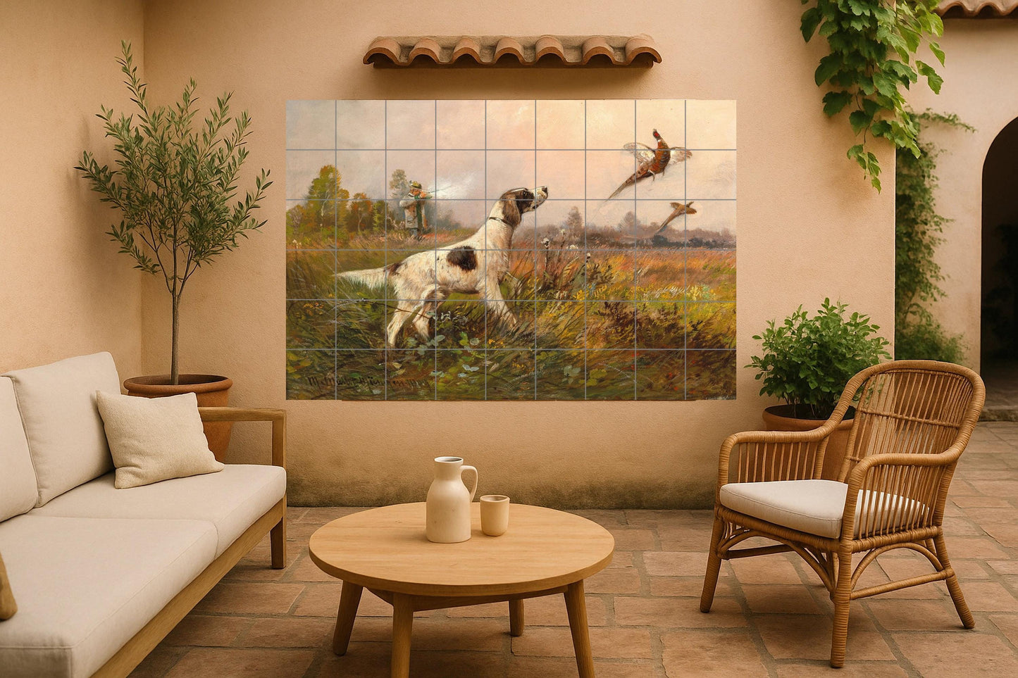 Pheasant hunting mural • Continental dog tile mural art • European hunting decor • Ceramic panel with forest border • Highland bird tradition • Classical field