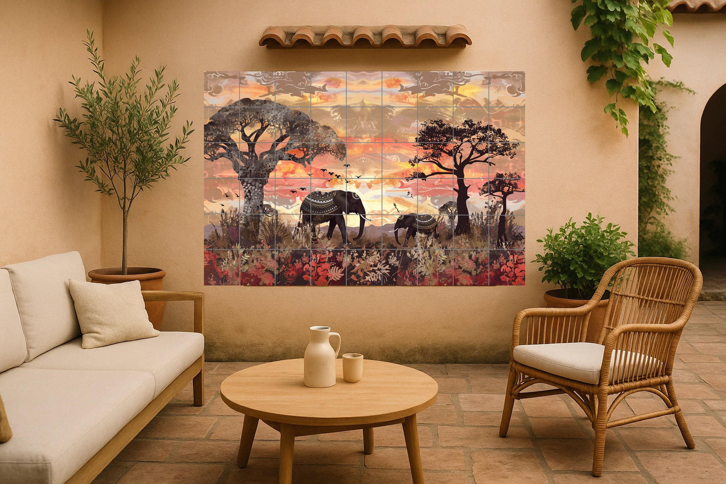 Sacred Elephant Mural • Spiritual Journey Tile Mural Art • Ancestral Pathway Decor • Mystic Savannah Panel • Celestial Tribal Pottery • Heritage Spirit