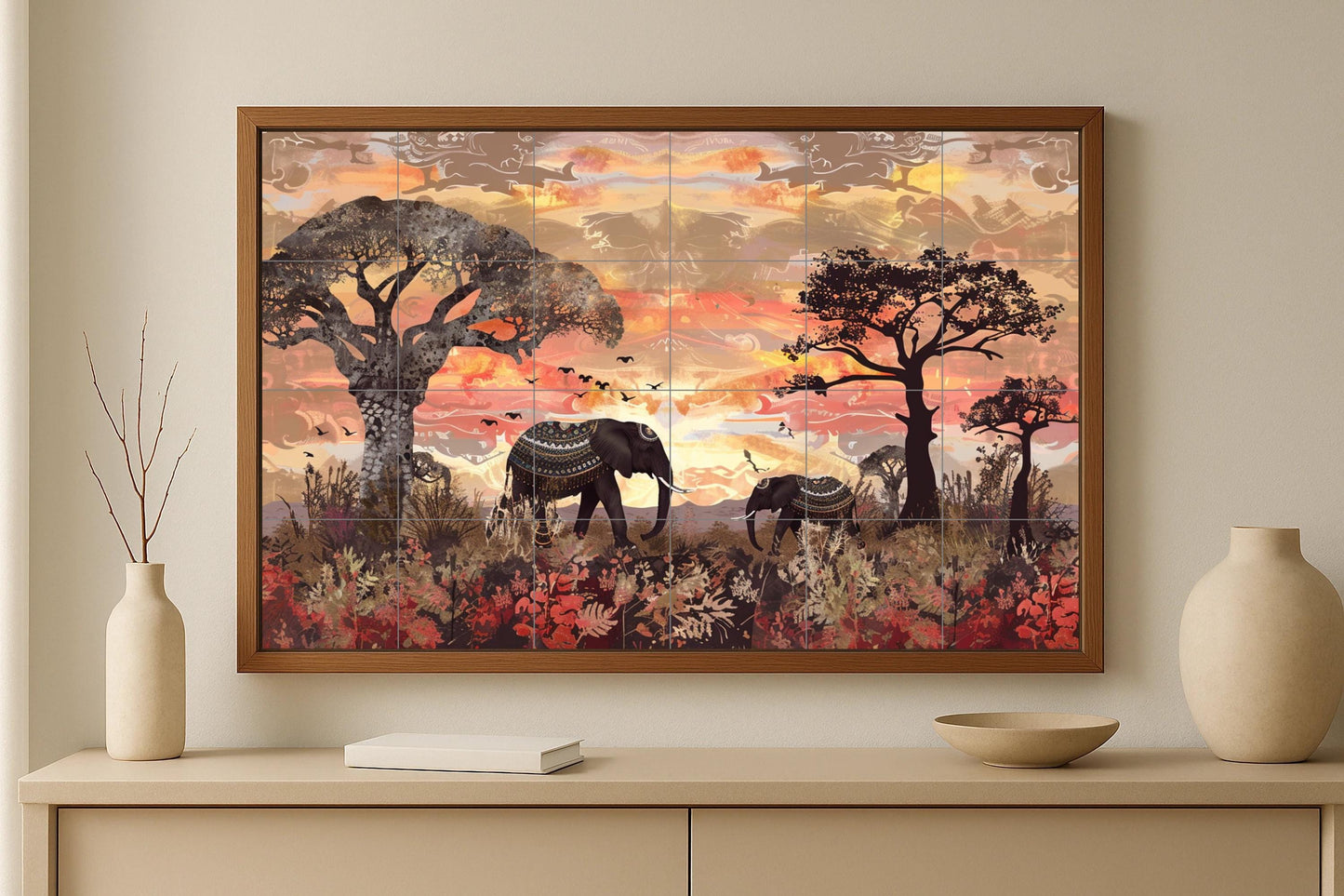 Sacred Elephant Mural • Spiritual Journey Tile Mural Art • Ancestral Pathway Decor • Mystic Savannah Panel • Celestial Tribal Pottery • Heritage Spirit