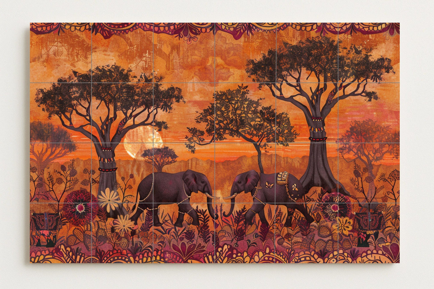 Elephant mural • African wildlife tile mural art • Savannah animal decor • Baobab landscape panel • Safari elegance ceramics • Spirit of nature