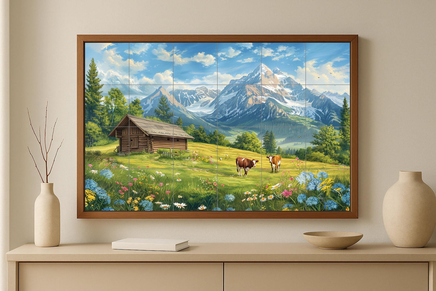 Panorama of Appenzell: Swiss alpine meadow with wooden cabin and cows under the snowy peaks of Säntis, in a ceramic tile mural.