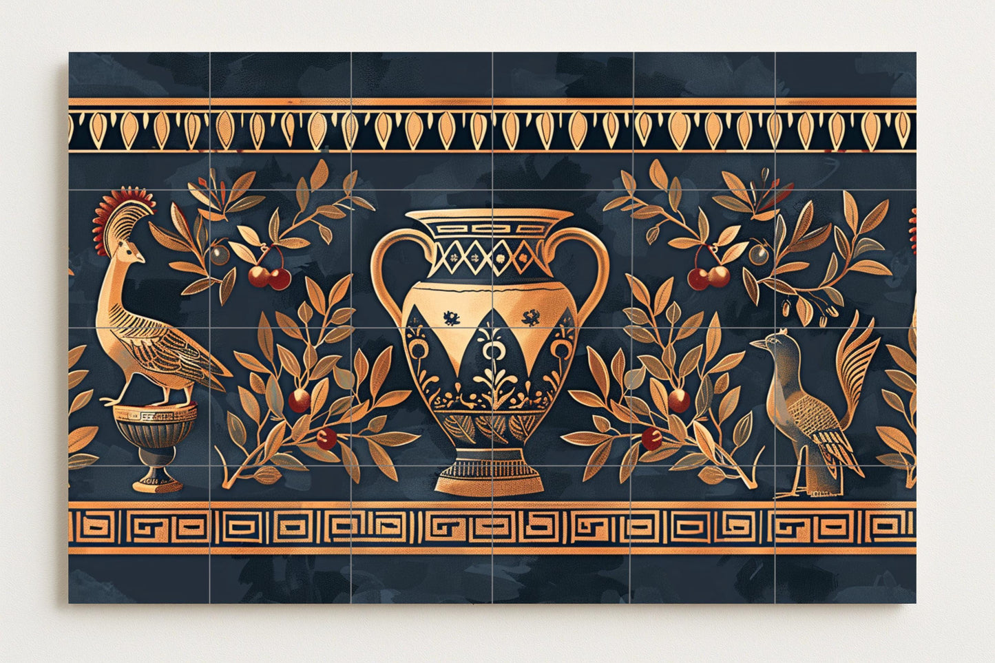 Pompeii mural • Roman frescoed tile mural art • Ancient Italian ceramic panel • Black and gold urn decoration • Olive branch mosaic • Classical villa