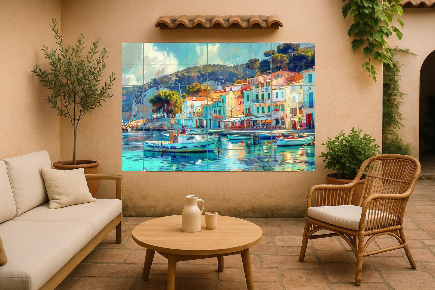 Costa Brava Mural • Catalan Coast Tile Mural Art • Spanish Fishing Village Decoration • Colorful Port Panel • Mediterranean Ceramics • By the Sea