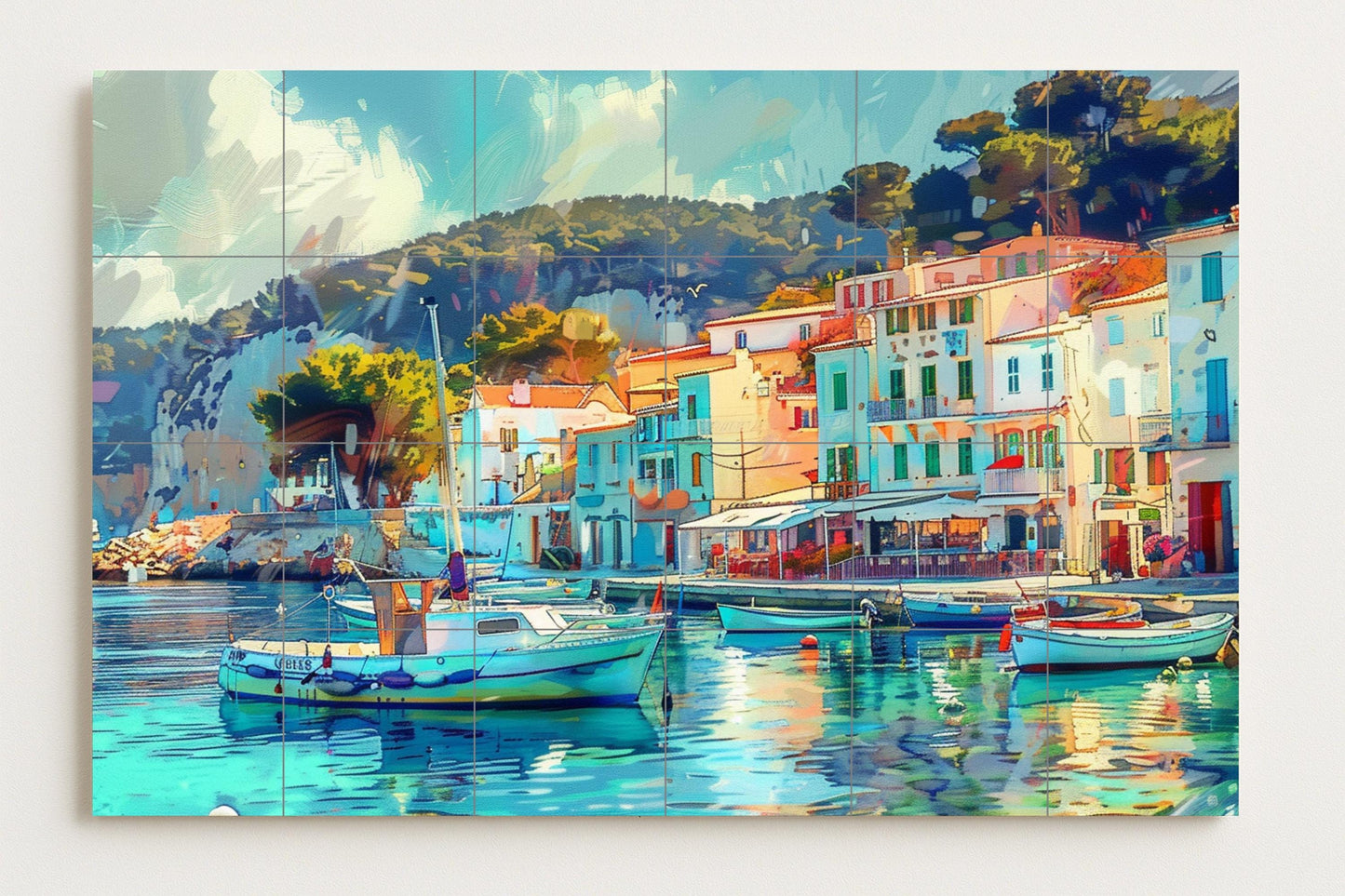 Costa Brava Mural • Catalan Coast Tile Mural Art • Spanish Fishing Village Decoration • Colorful Port Panel • Mediterranean Ceramics • By the Sea