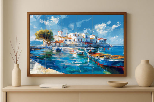 Portofino Mural • Italian Coastal Tile Mural Art • Riviera Harbor Decoration • Ligurian Fishing Panel • Mediterranean Village Pottery • Boat Scene