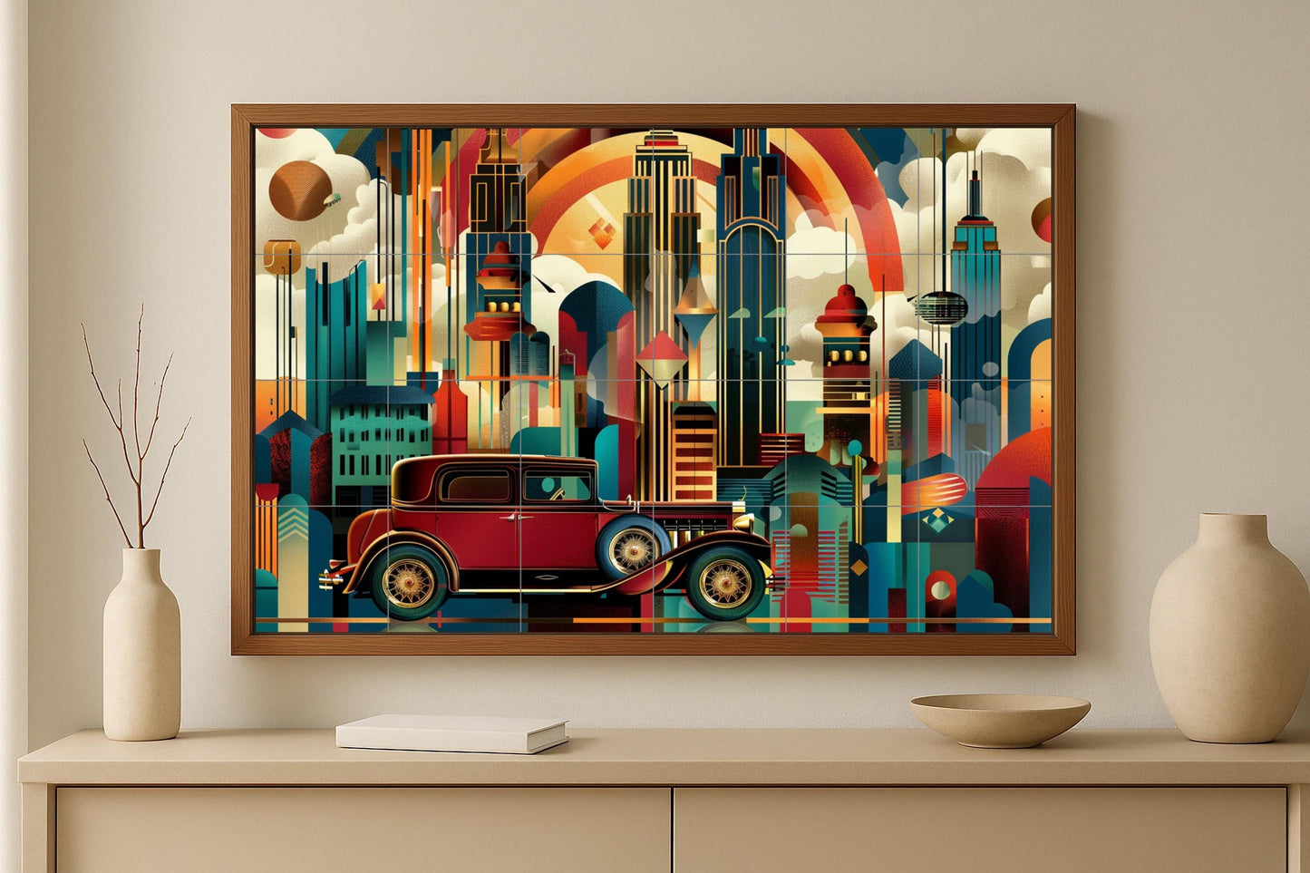 New York Art Deco Mural • Gatsby Skyline Tile Mural • Roaring Twenties Street Decor • Jazz Age Ceramic Panel • Classic Car Scene