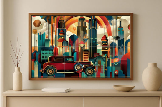 New York Art Deco Mural • Gatsby Skyline Tile Mural • Roaring Twenties Street Decor • Jazz Age Ceramic Panel • Classic Car Scene
