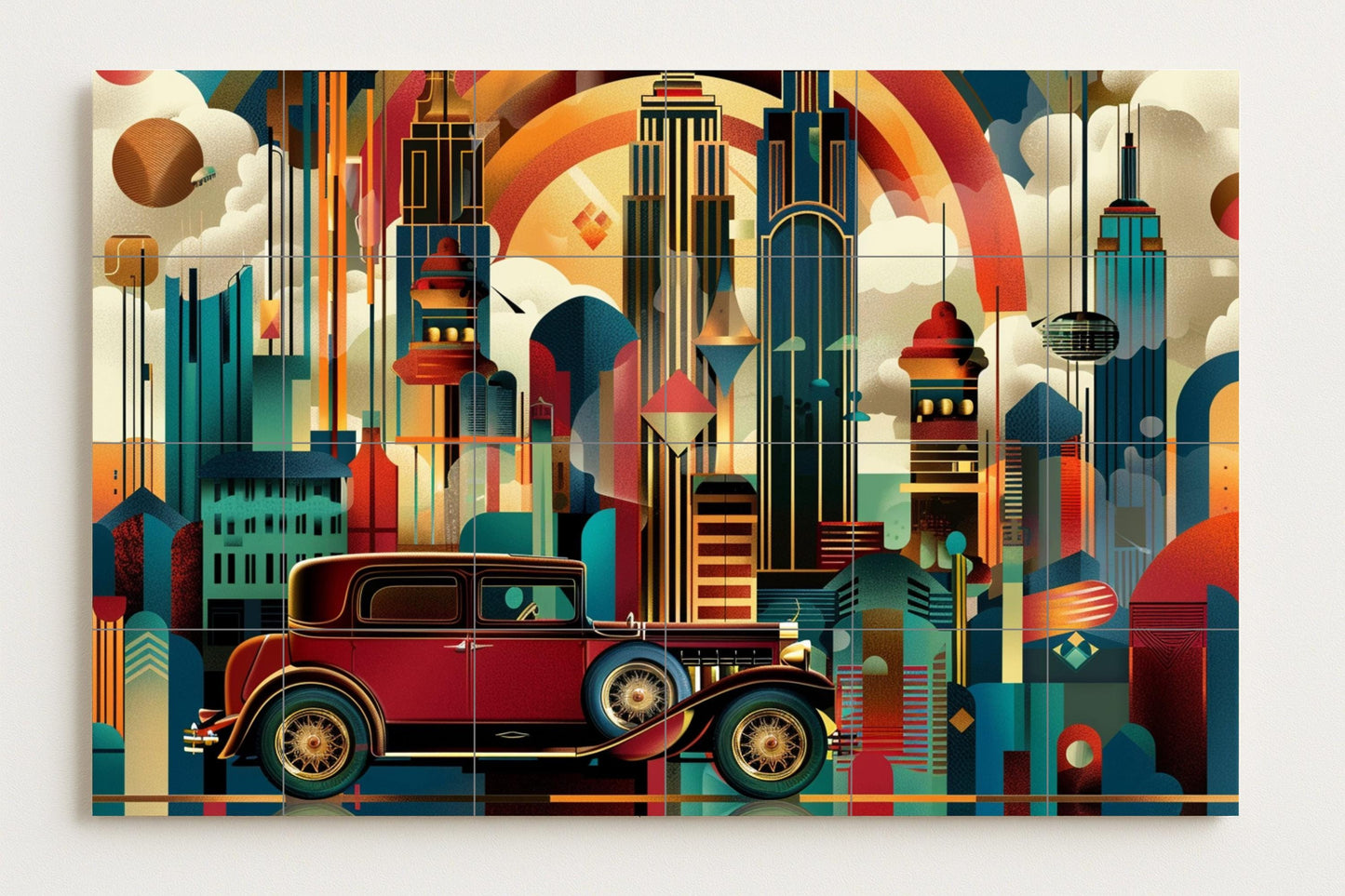 New York Art Deco Mural • Gatsby Skyline Tile Mural • Roaring Twenties Street Decor • Jazz Age Ceramic Panel • Classic Car Scene
