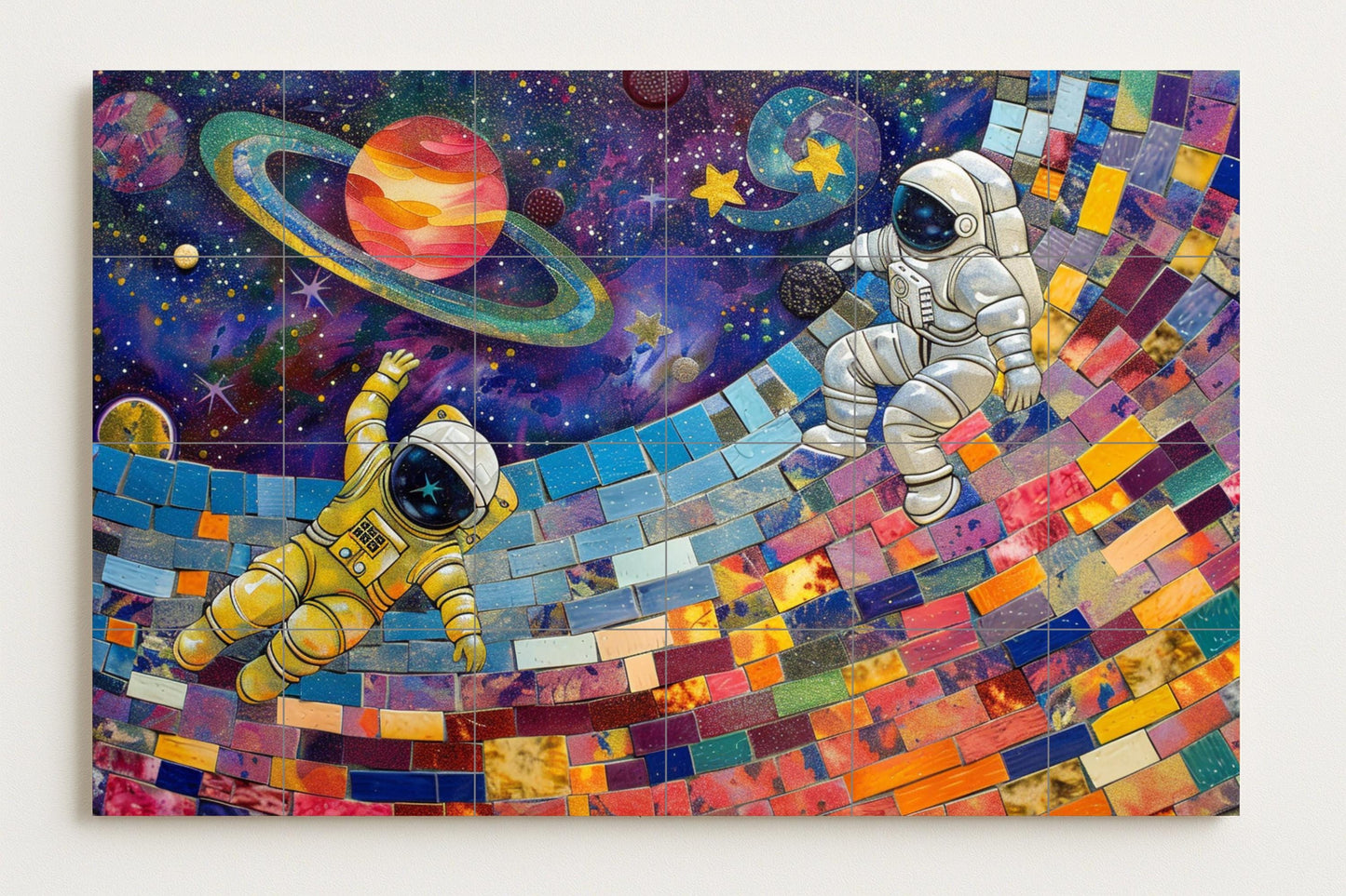 Star Astronaut Mosaic • Vibrant Space Tile Mural with Planets, Stars, and a Rainbow Path • Cosmic Ceramic Wall Art for Dreamers
