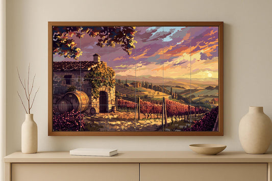 Tile mural with vineyards at sunset in Tuscany • Rustic wine barrels and golden vines • Mediterranean country-style wall art with a soft sunset glow