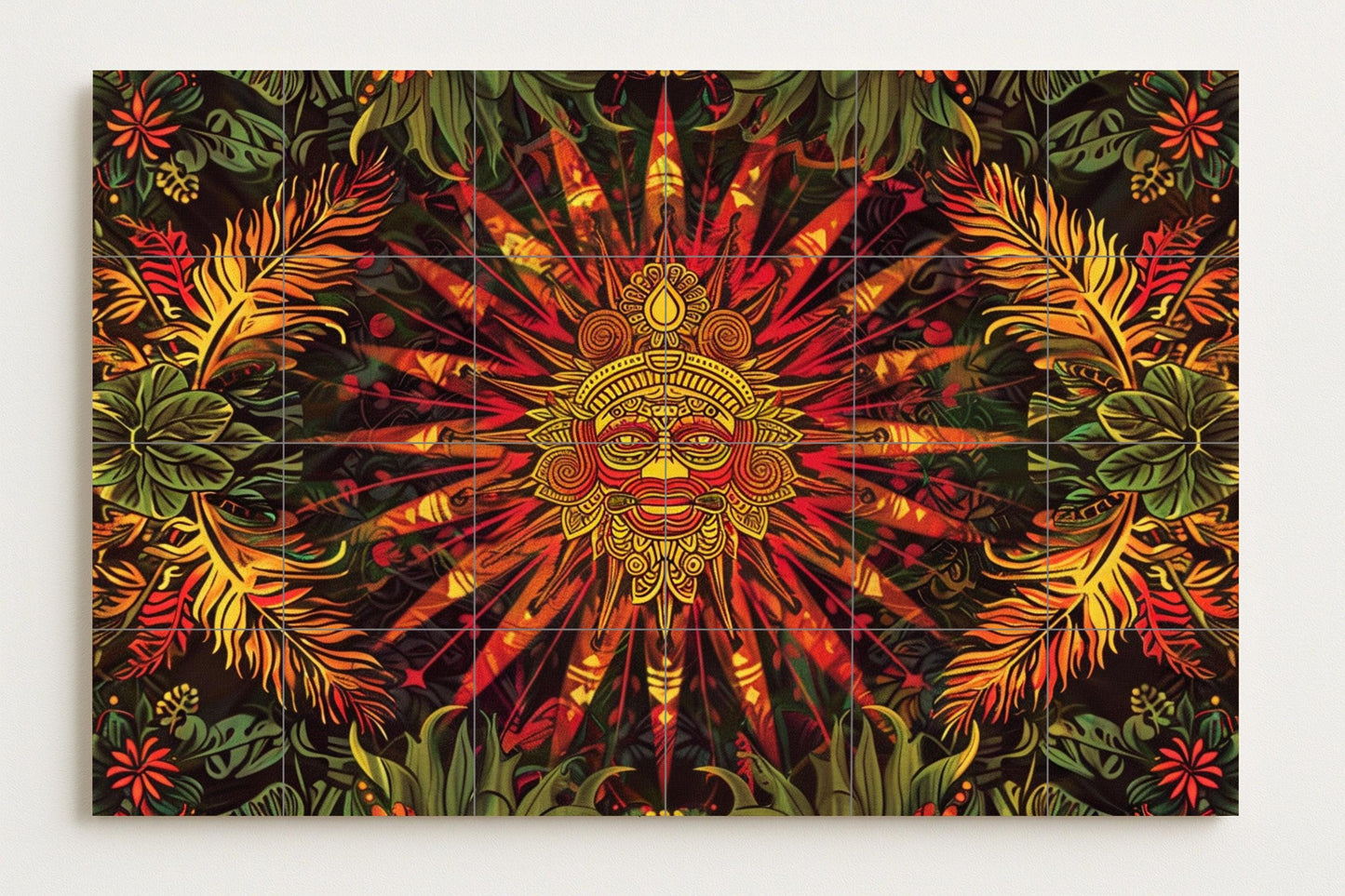 Solar Ancestor Ceramic Tile Mural • African Tribal Sun Face in Red and Gold • Jungle Ethnic Decor with Spiritual Energy and Bold Design