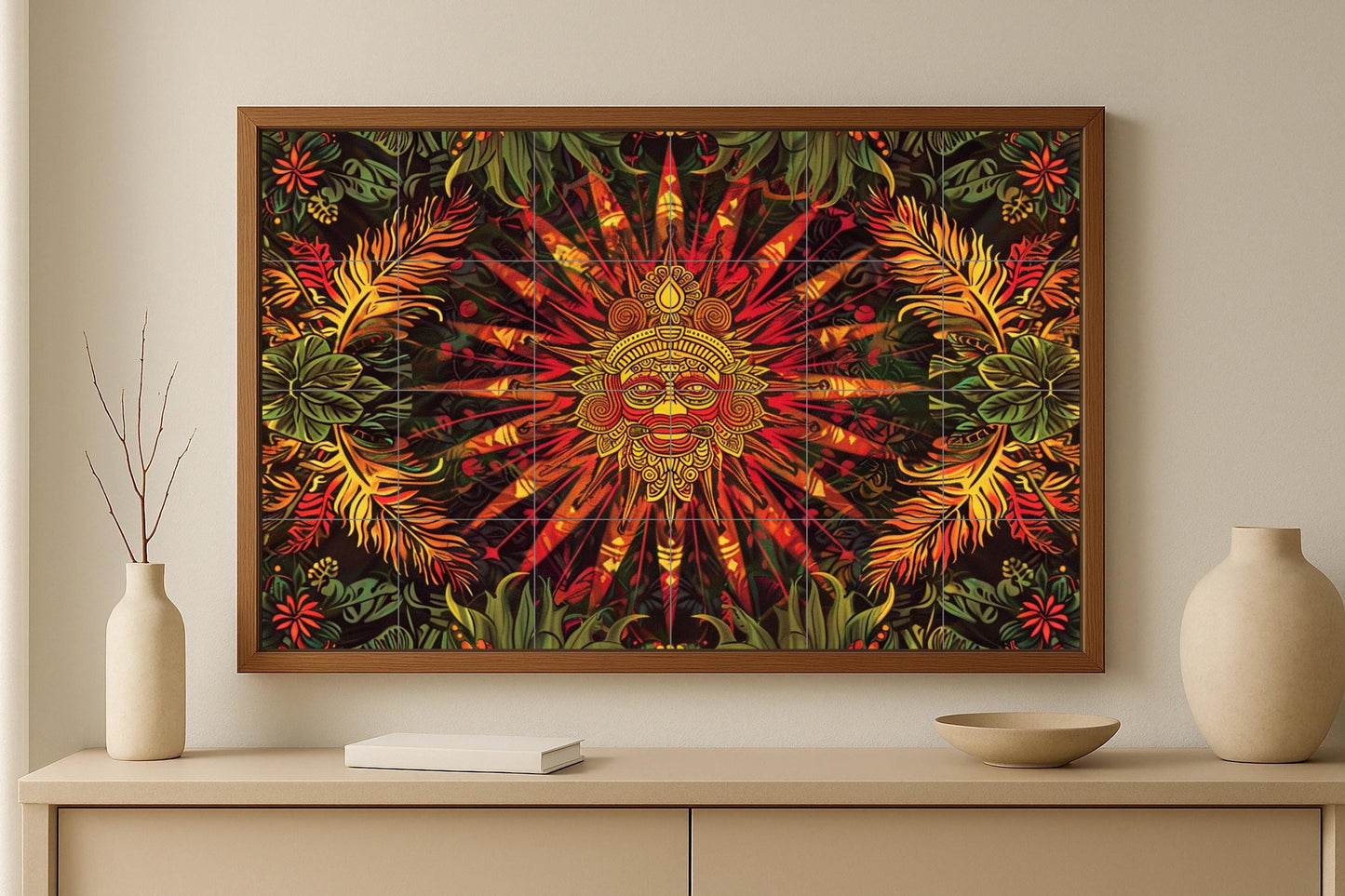 Solar Ancestor Ceramic Tile Mural • African Tribal Sun Face in Red and Gold • Jungle Ethnic Decor with Spiritual Energy and Bold Design