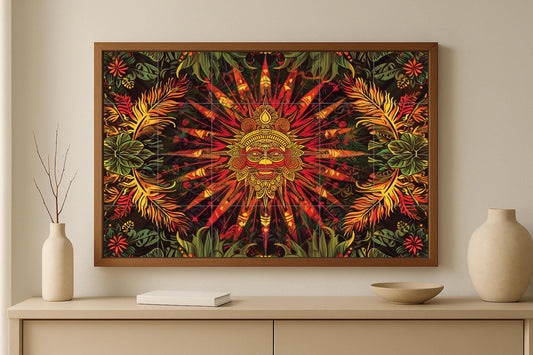 Solar Ancestor Ceramic Tile Mural • African Tribal Sun Face in Red and Gold • Jungle Ethnic Decor with Spiritual Energy and Bold Design