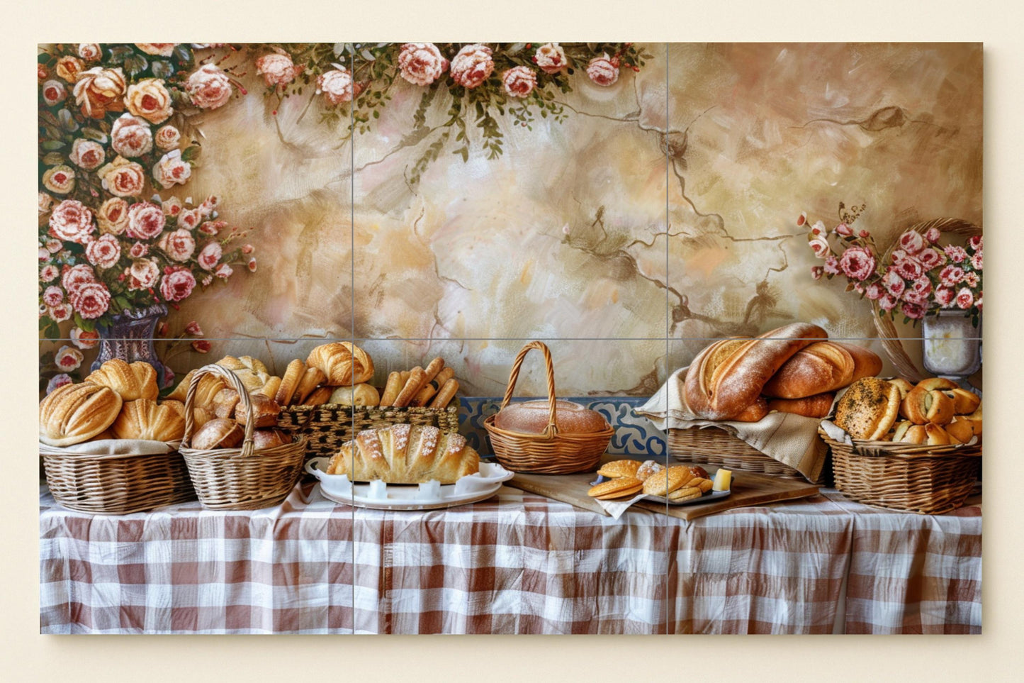 Provencal breakfast tile mural • Fresh bread and roses on rustic linen • French-style ceramic wall art for cozy kitchens and cafes