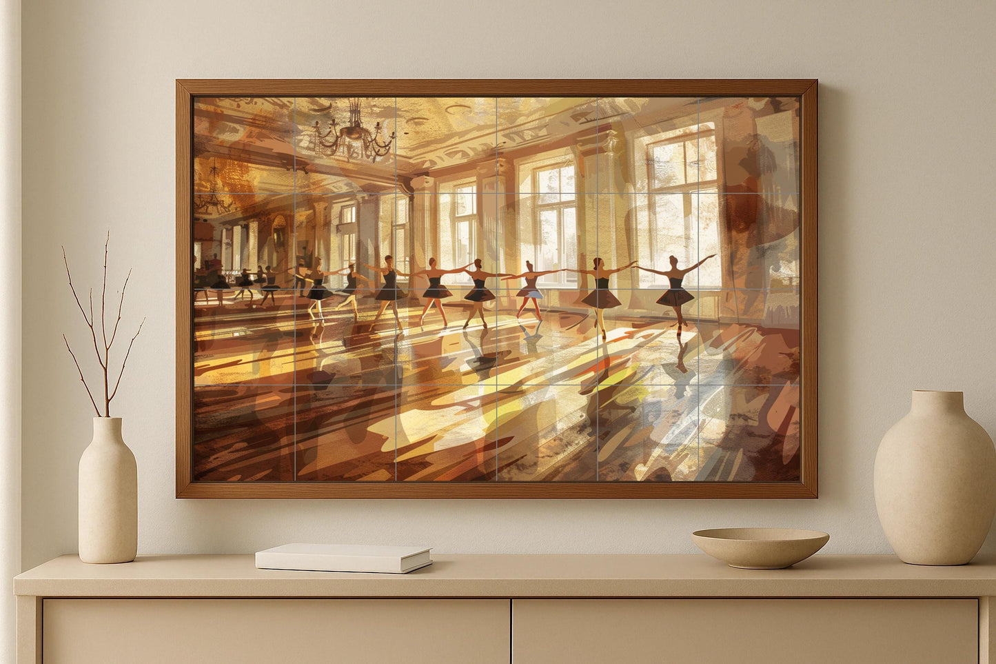 Ballet Rehearsal Tile Mural • Morning Light with Ballerinas in a Golden Studio • Elegant Ceramic Wall Art for Dance Lovers and Interior Decorators