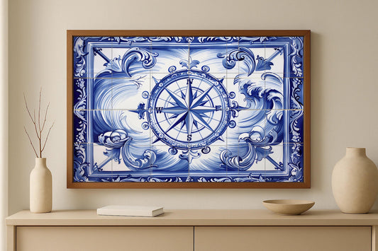 Wall mural with compass rose • Nautical ceramic tile panel • Maritime decor with swirling blue waves • Classic maritime nautical wall art