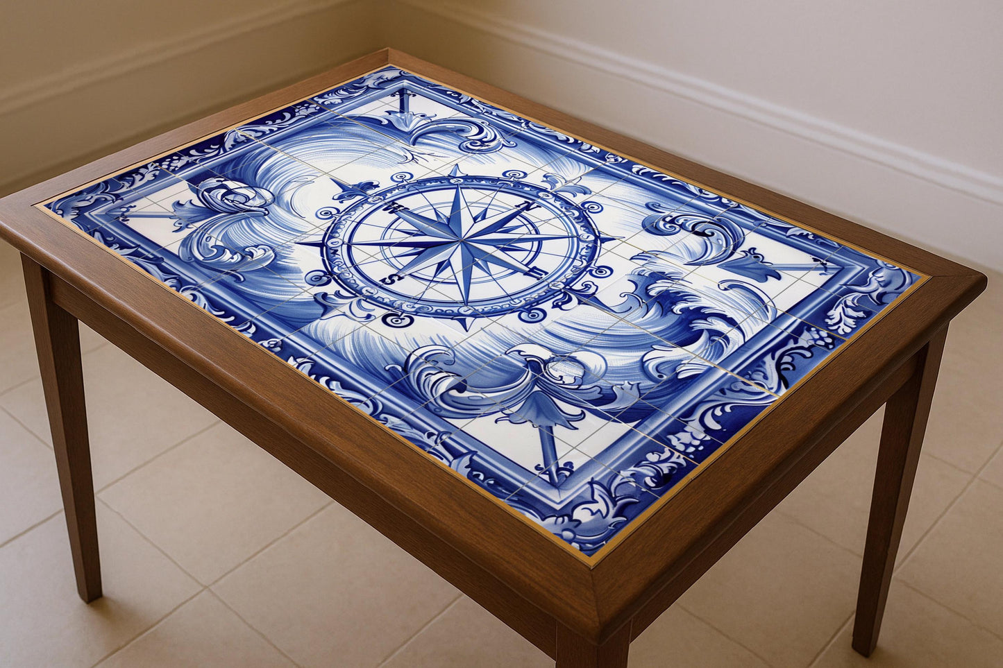 Wall mural with compass rose • Nautical ceramic tile panel • Maritime decor with swirling blue waves • Classic maritime nautical wall art