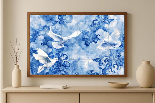 Peace Dove Mural • Wall Art with Flying Dove Tiles • Ceramic Panel with Symbol of Renewal • Serene Blue Decor • Ceramic Scene of Harmony and Healing