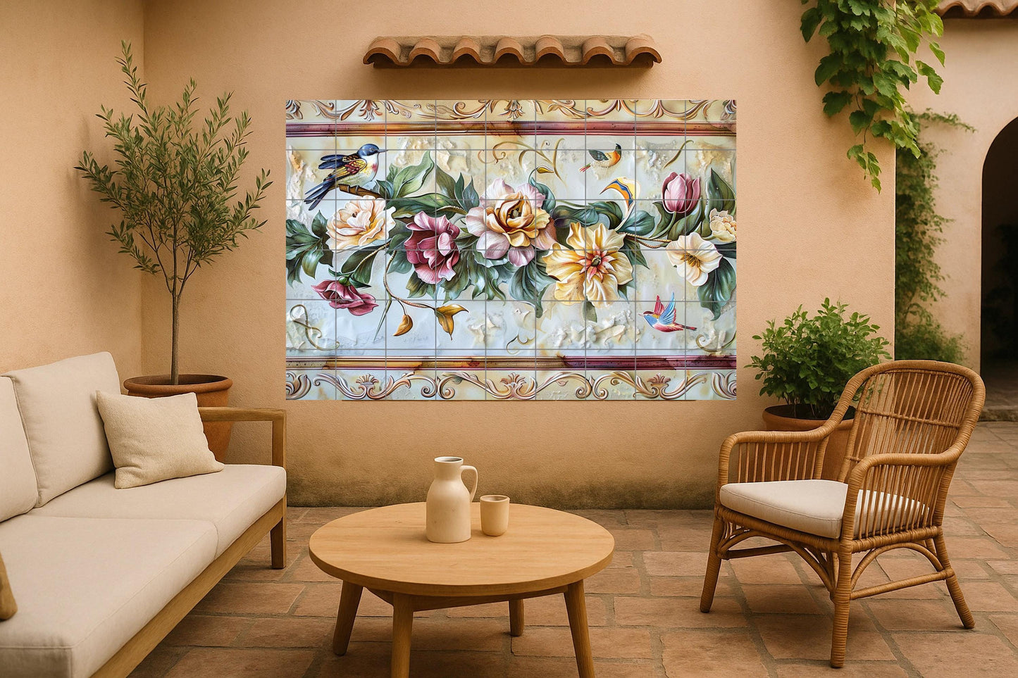 Peaceful Bird Mural • Songbird and Flower Tile Wall Art • Serenity Floral Panel • Tranquil Flight Decor • Garden of Stillness Ceramic Scene