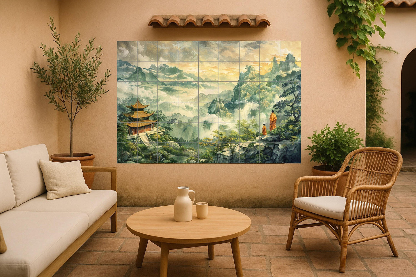 Buddhist mountain mural • Temple tile mural art • Zen monk pilgrimage decoration • Sacred path ceramic panel • Misty monastery scene