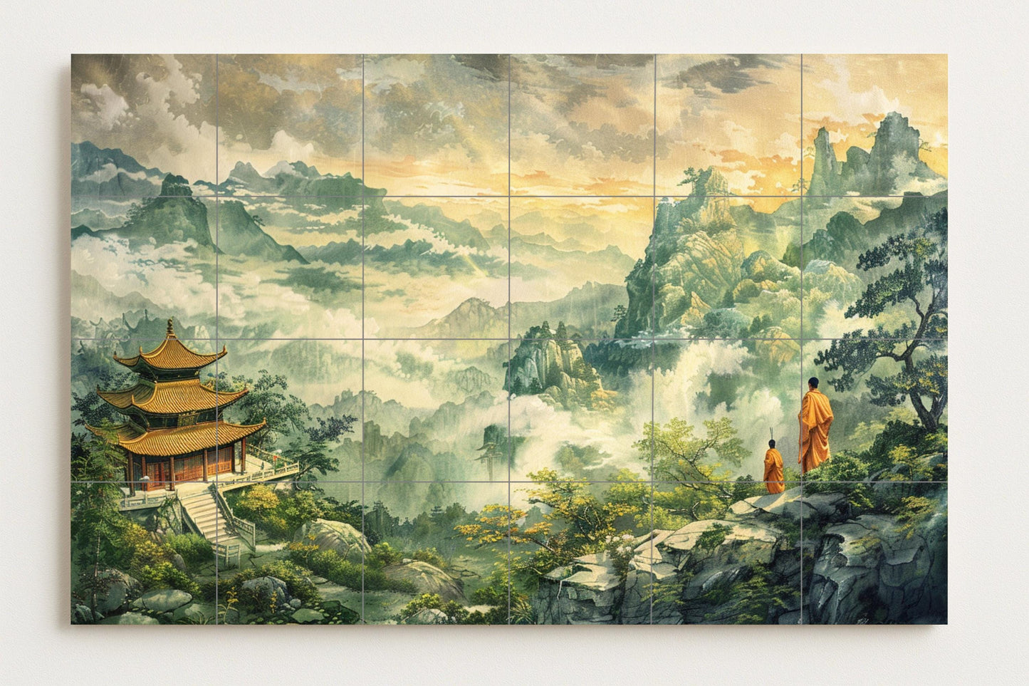 Buddhist mountain mural • Temple tile mural art • Zen monk pilgrimage decoration • Sacred path ceramic panel • Misty monastery scene