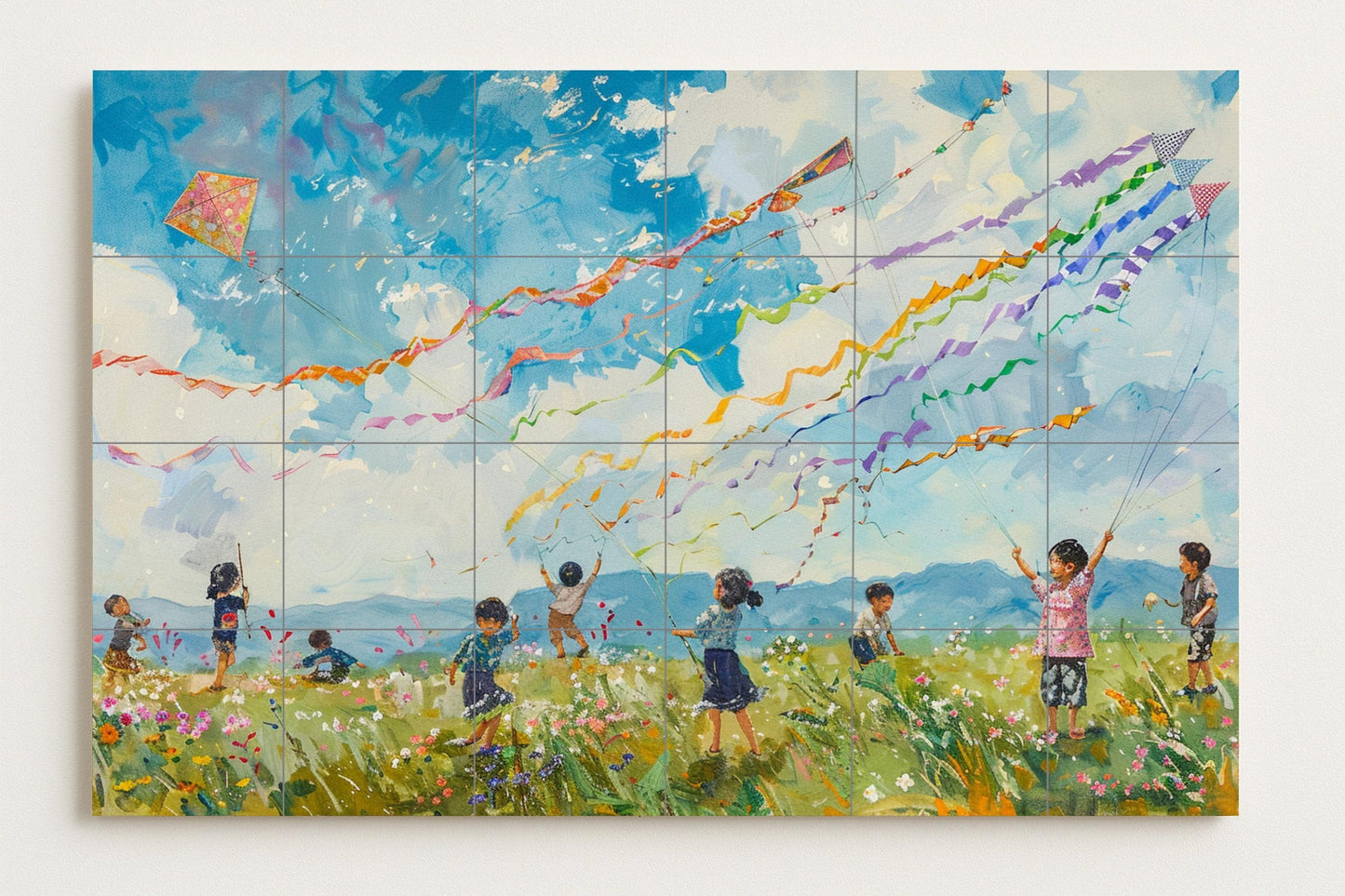 Kodomo no Hi Mural • Japanese Kite Mural Art • Ceramic Panel for Children's Day • Koinobori Sky Decoration • Traditional Spring Tile • Festival Field