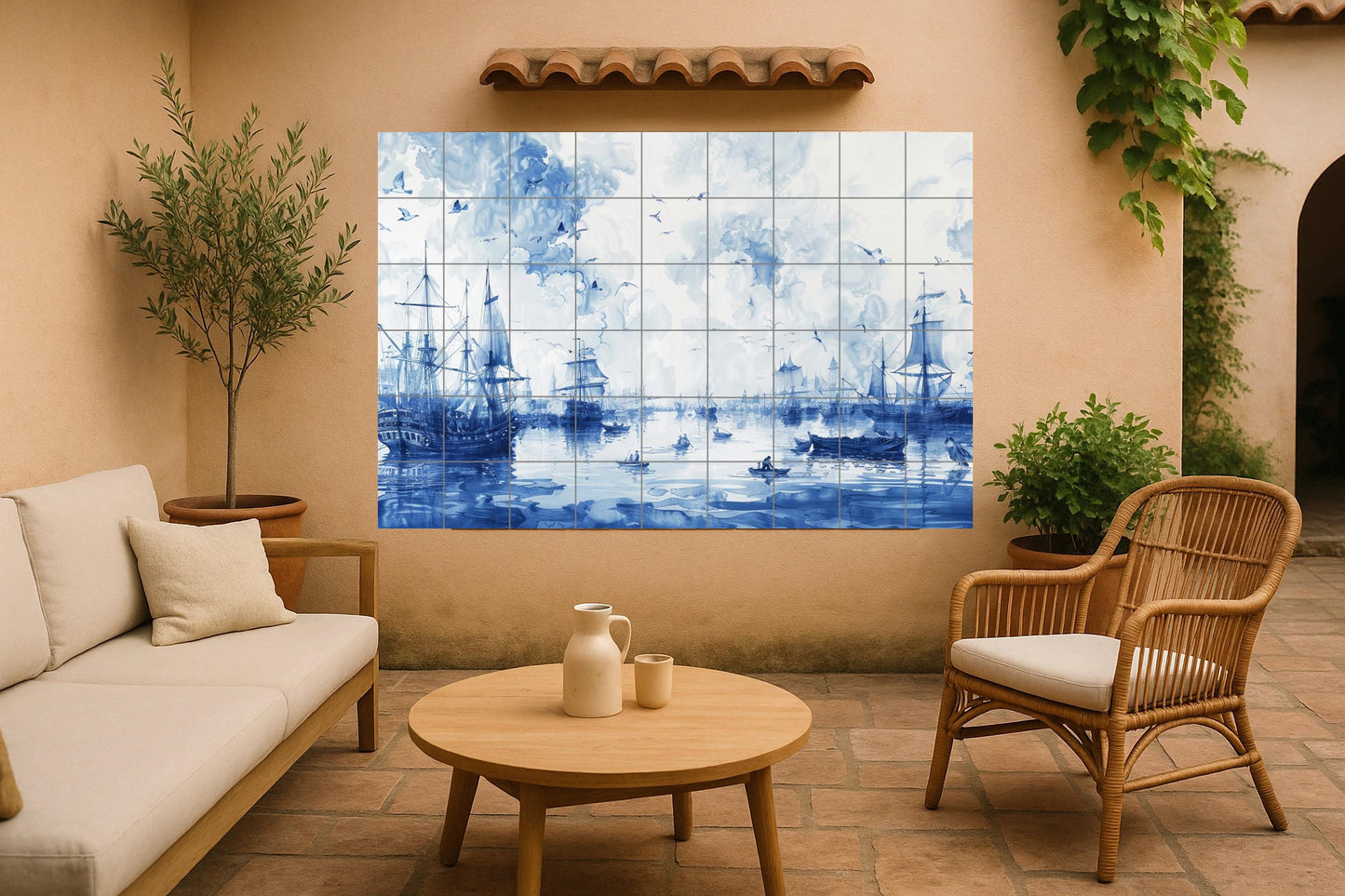 Maritime ceramic mural: Indigo blue port scene with large historic sailing ships and the classic calm of the ocean in Delft tile style.