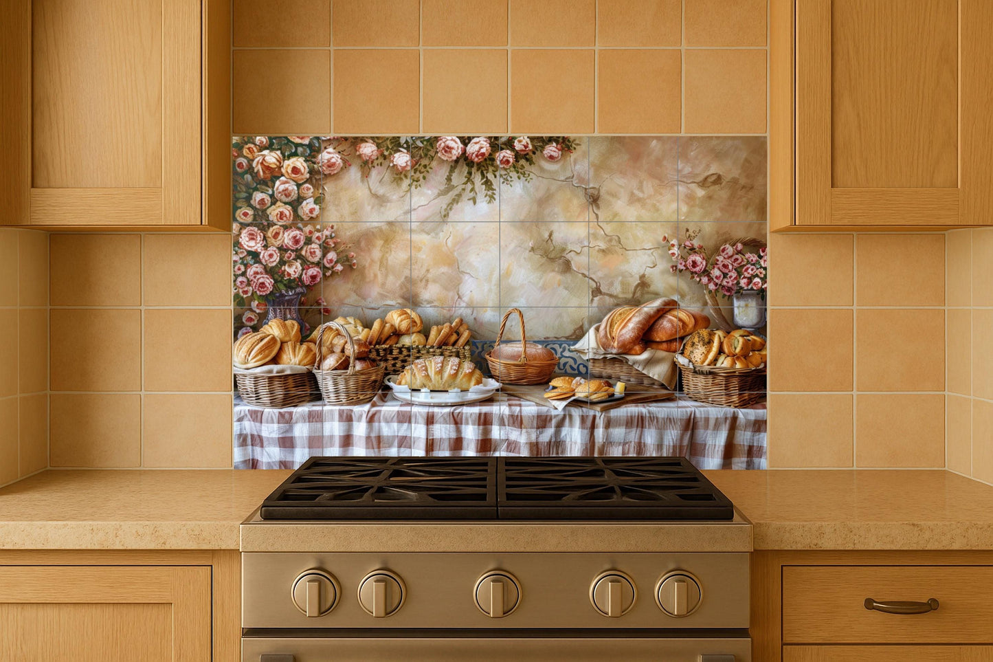 Provencal breakfast tile mural • Fresh bread and roses on rustic linen • French-style ceramic wall art for cozy kitchens and cafes