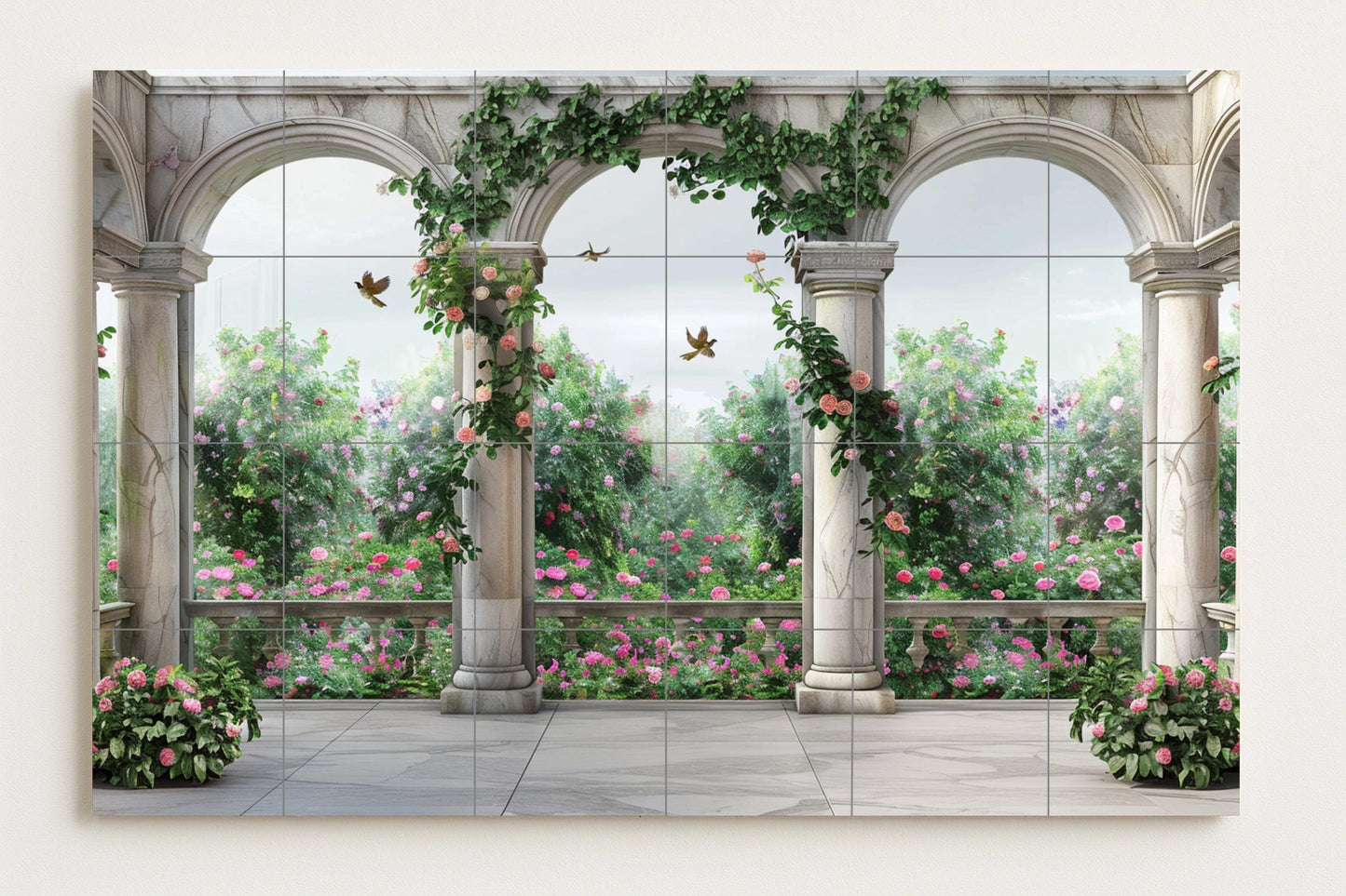 Neoclassical garden mural • Romantic roses and marble arches • Elegant floral wall tile • Classic ceramic panel decoration with columns