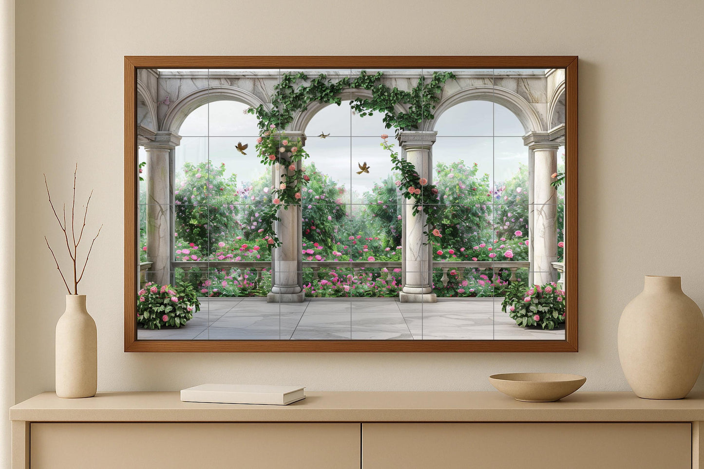 Neoclassical garden mural • Romantic roses and marble arches • Elegant floral wall tile • Classic ceramic panel decoration with columns