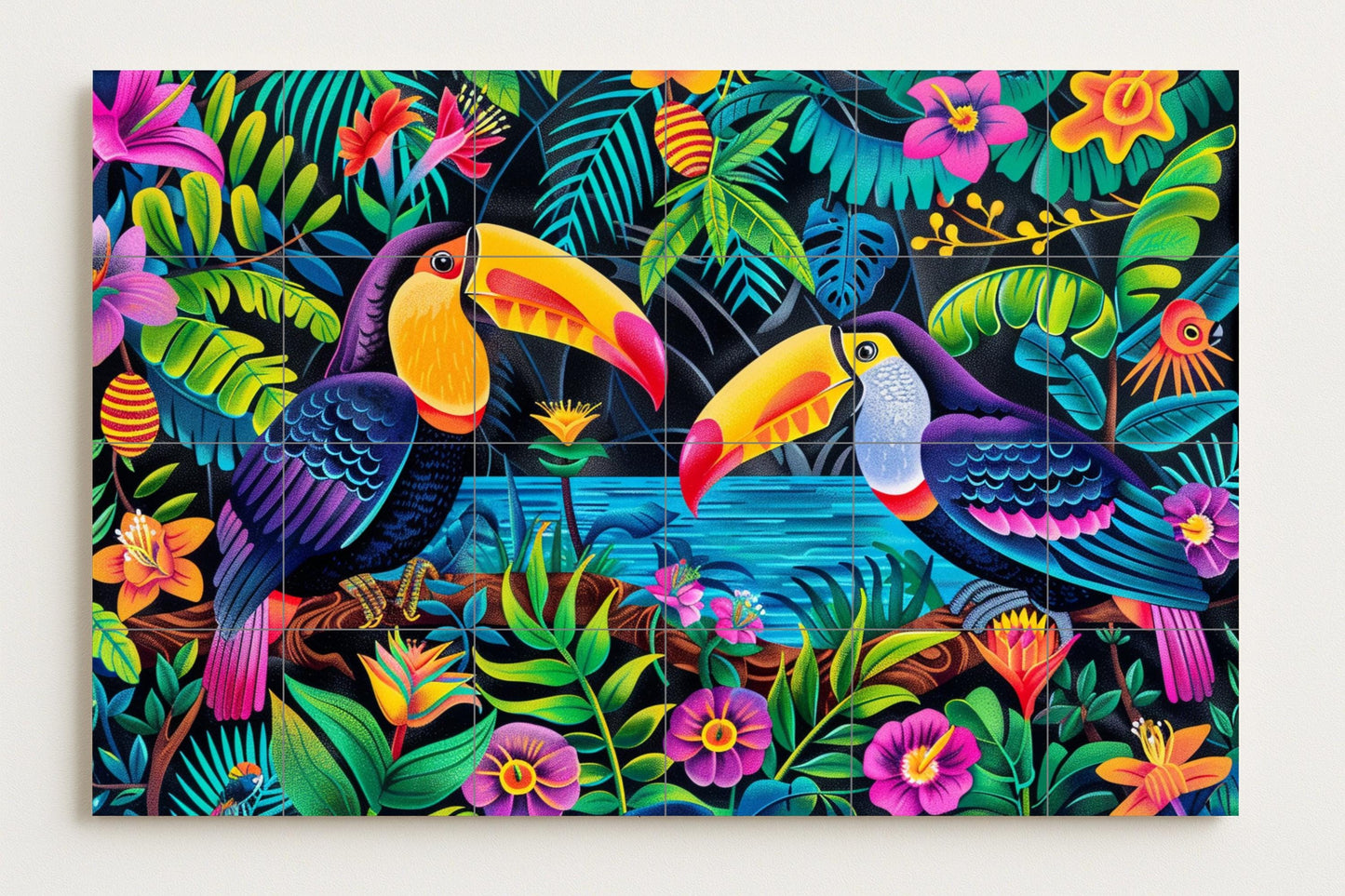 Costa Rican Rainforest Mural • Rainforest Tile Mural Art • Toucan Wildlife Decor • Central American Flora Panel • Exotic Bird Ceramics