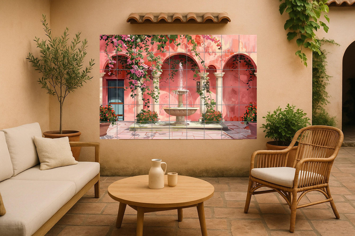 Iberian courtyard mural • Andalusian fountain tile mural • Portuguese courtyard decoration • Flowering arch panel • Heritage garden ceramics • Rose