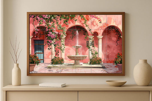 Iberian courtyard mural • Andalusian fountain tile mural • Portuguese courtyard decoration • Flowering arch panel • Heritage garden ceramics • Rose