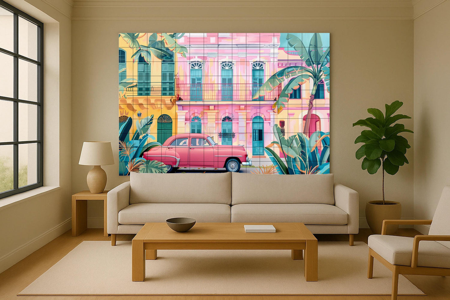 Caribbean mural in pastel tones • Mural art with retro tropical tiles • Miami pink facade decoration • Puerto Rican plant panel • Cuban island street ceramics