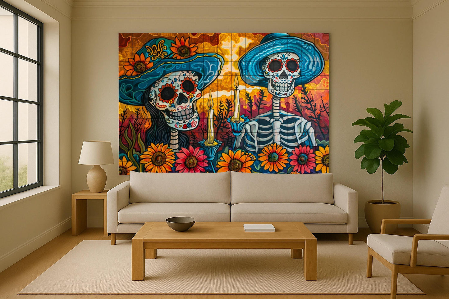 Romantic Day of the Dead mural: Mexican tile art at sunset with a pair of skeletons, sunflowers, and candles