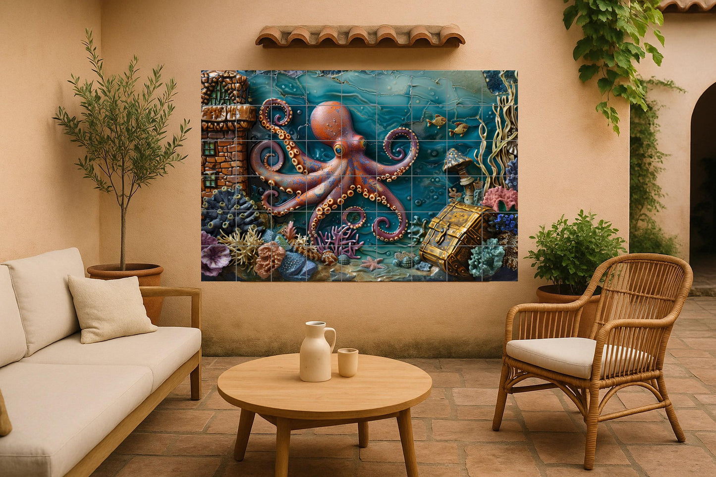 Underwater octopus mural: Nautical ceramic art with coral reef, treasure chest and sea castle / Made in Spain